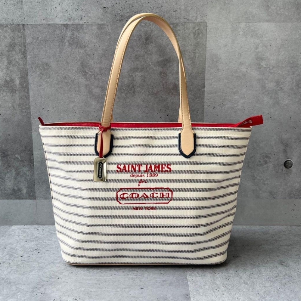 Coach "St. James" LEGACY Red Cream Blue XX Large Canvas Nautical Striped Tote - Picture 4 of 14